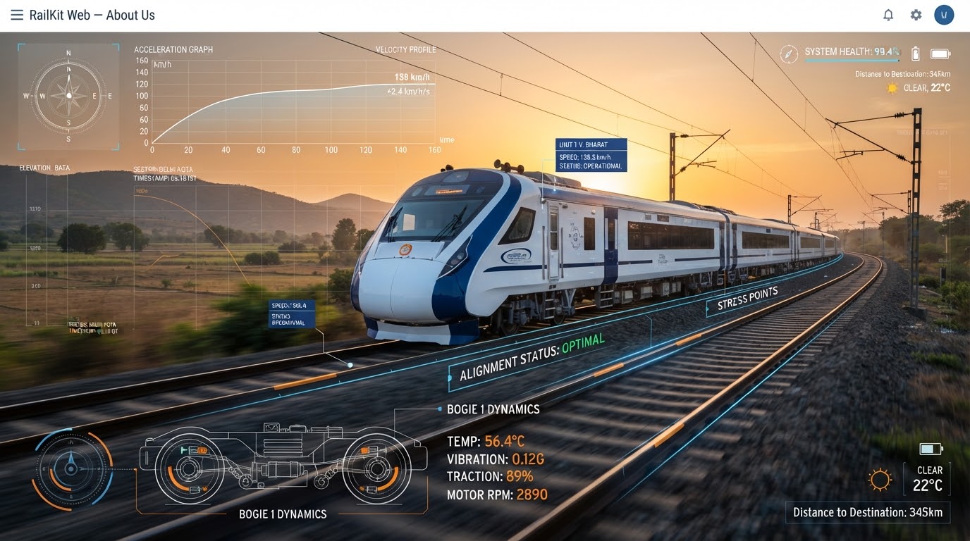 Vande Bharat Express train speeding along an Indian railway track at sunrise